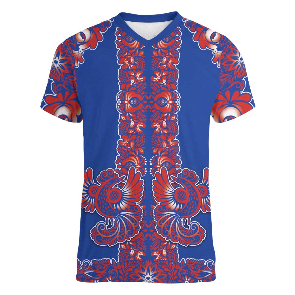 Blue Russian National Costume Women V-Neck T-Shirt Rooster Motifs Traditional Folk Pattern - Wonder Print Shop