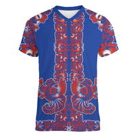 Blue Russian National Costume Women V-Neck T-Shirt Rooster Motifs Traditional Folk Pattern - Wonder Print Shop
