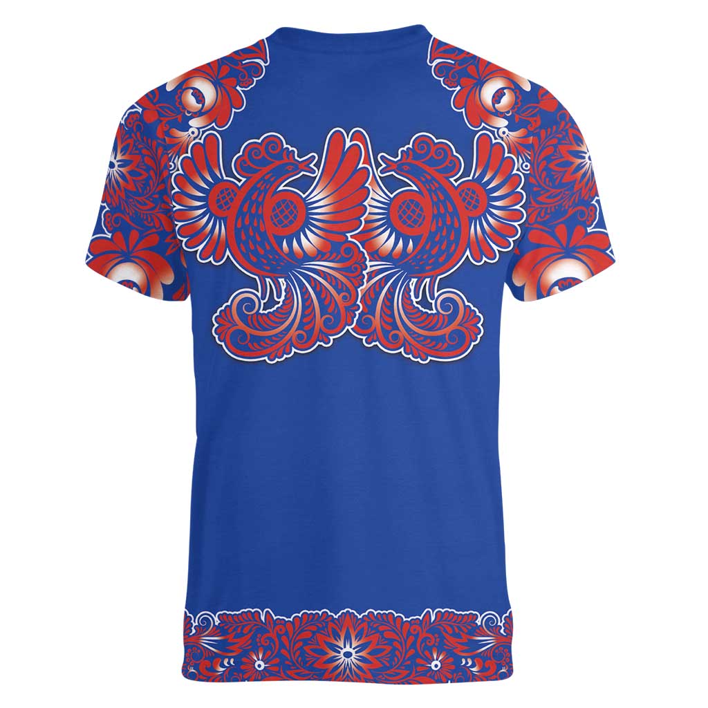 Blue Russian National Costume Women V-Neck T-Shirt Rooster Motifs Traditional Folk Pattern - Wonder Print Shop