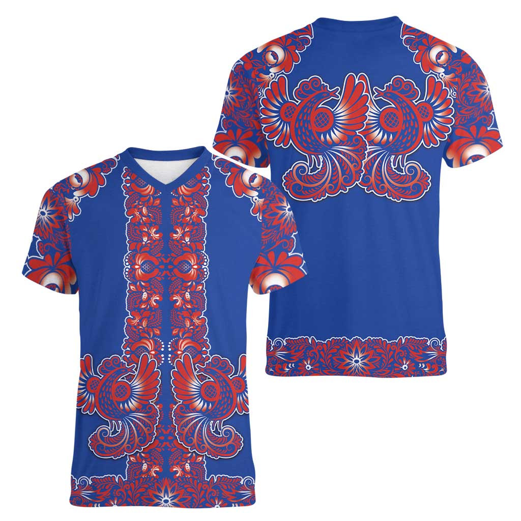 Blue Russian National Costume Women V-Neck T-Shirt Rooster Motifs Traditional Folk Pattern - Wonder Print Shop