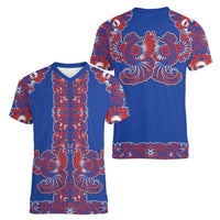 Blue Russian National Costume Women V-Neck T-Shirt Rooster Motifs Traditional Folk Pattern - Wonder Print Shop