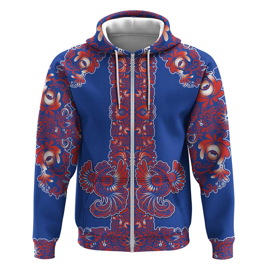Blue Russian National Costume Zip Hoodie Rooster Motifs Traditional Folk Pattern - Wonder Print Shop