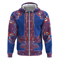 Blue Russian National Costume Zip Hoodie Rooster Motifs Traditional Folk Pattern - Wonder Print Shop