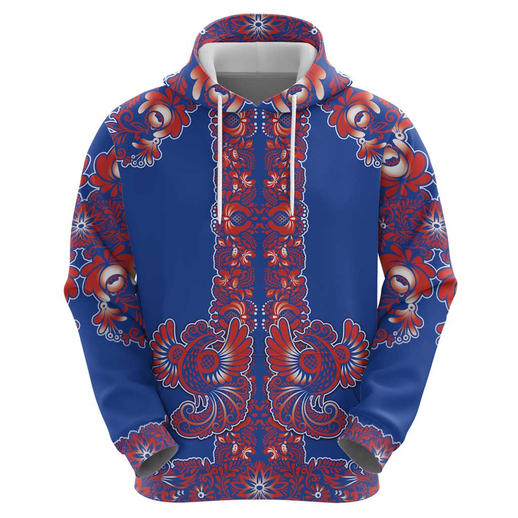 Blue Russian National Costume Zip Hoodie Rooster Motifs Traditional Folk Pattern - Wonder Print Shop