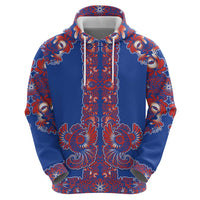 Blue Russian National Costume Zip Hoodie Rooster Motifs Traditional Folk Pattern - Wonder Print Shop