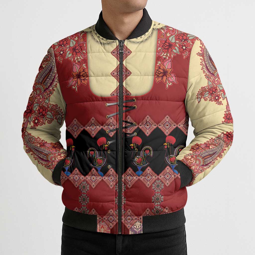 Portugal National Costume Bomber Puffer Jacket Barcelos Rooster Patterns - Wonder Print Shop