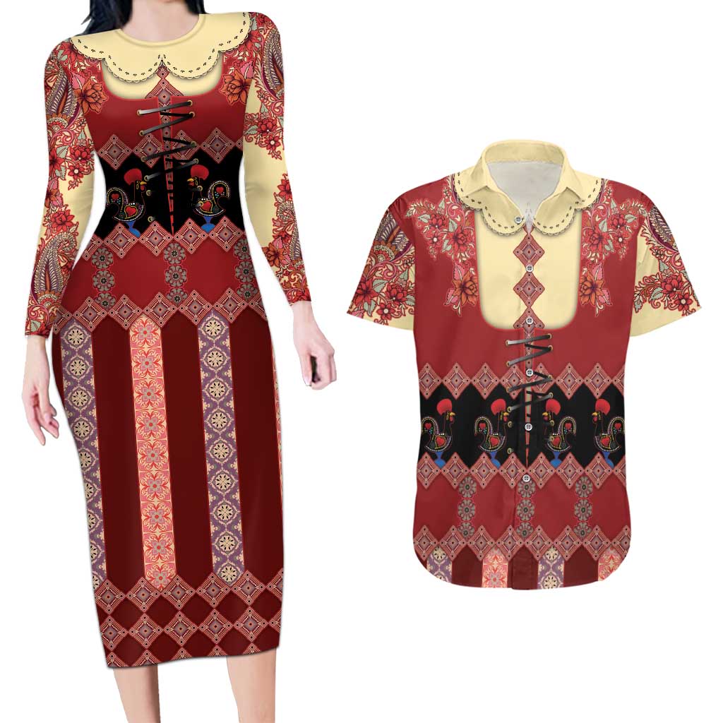 Portugal National Costume Couples Matching Long Sleeve Bodycon Dress and Hawaiian Shirt Barcelos Rooster Patterns - Wonder Print Shop