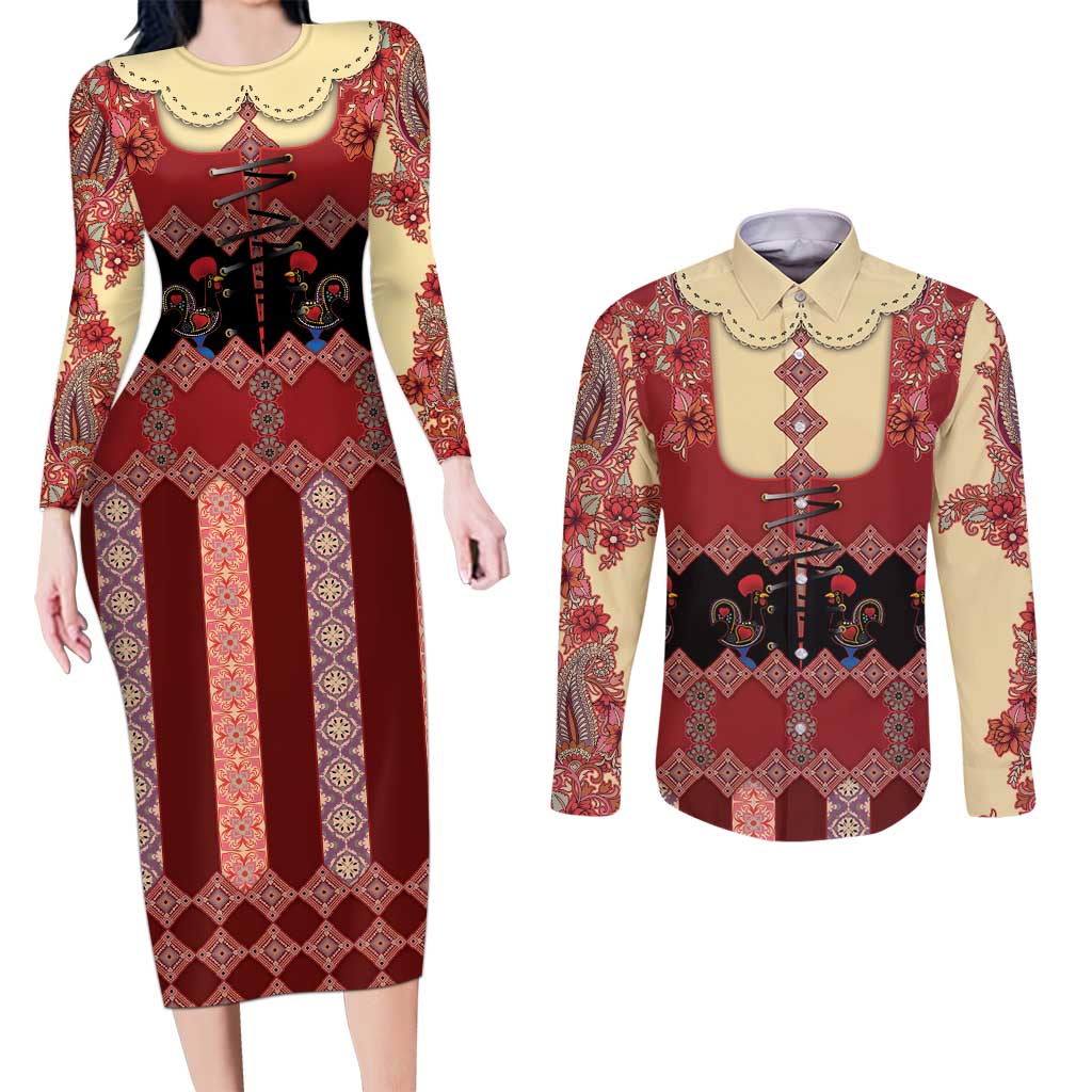 Portugal National Costume Couples Matching Long Sleeve Bodycon Dress and Long Sleeve Button Shirt Barcelos Rooster Patterns - Wonder Print Shop