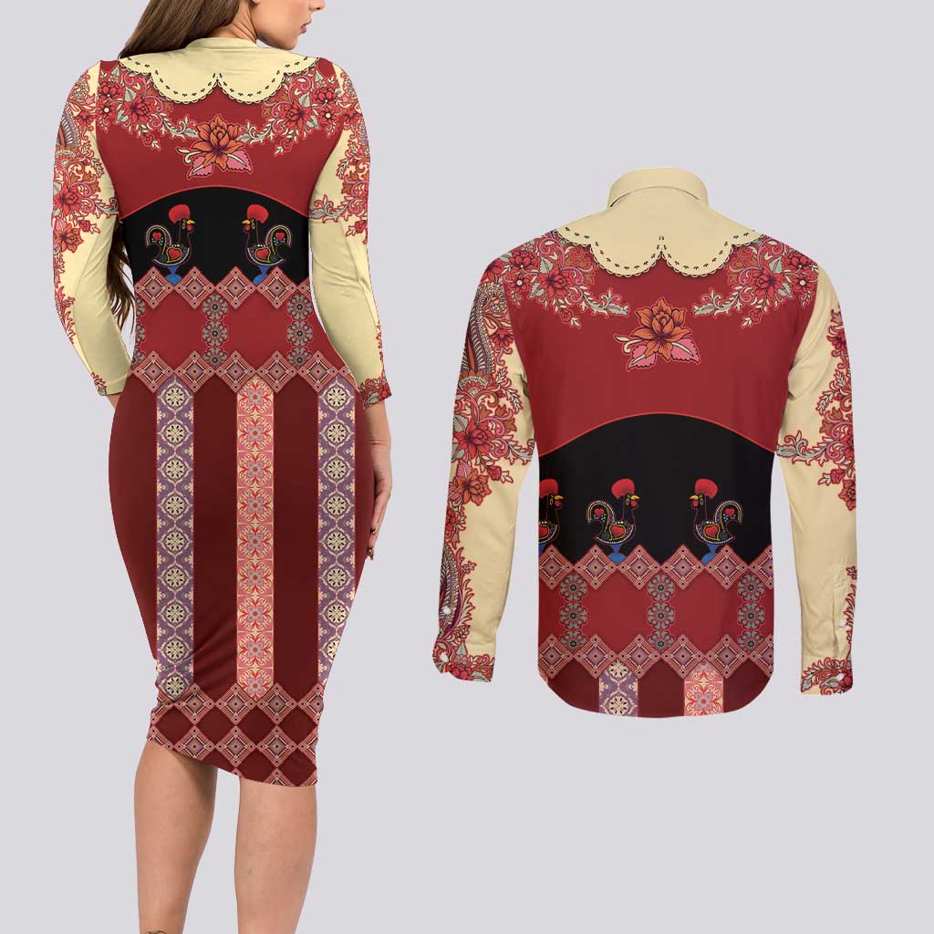 Portugal National Costume Couples Matching Long Sleeve Bodycon Dress and Long Sleeve Button Shirt Barcelos Rooster Patterns - Wonder Print Shop