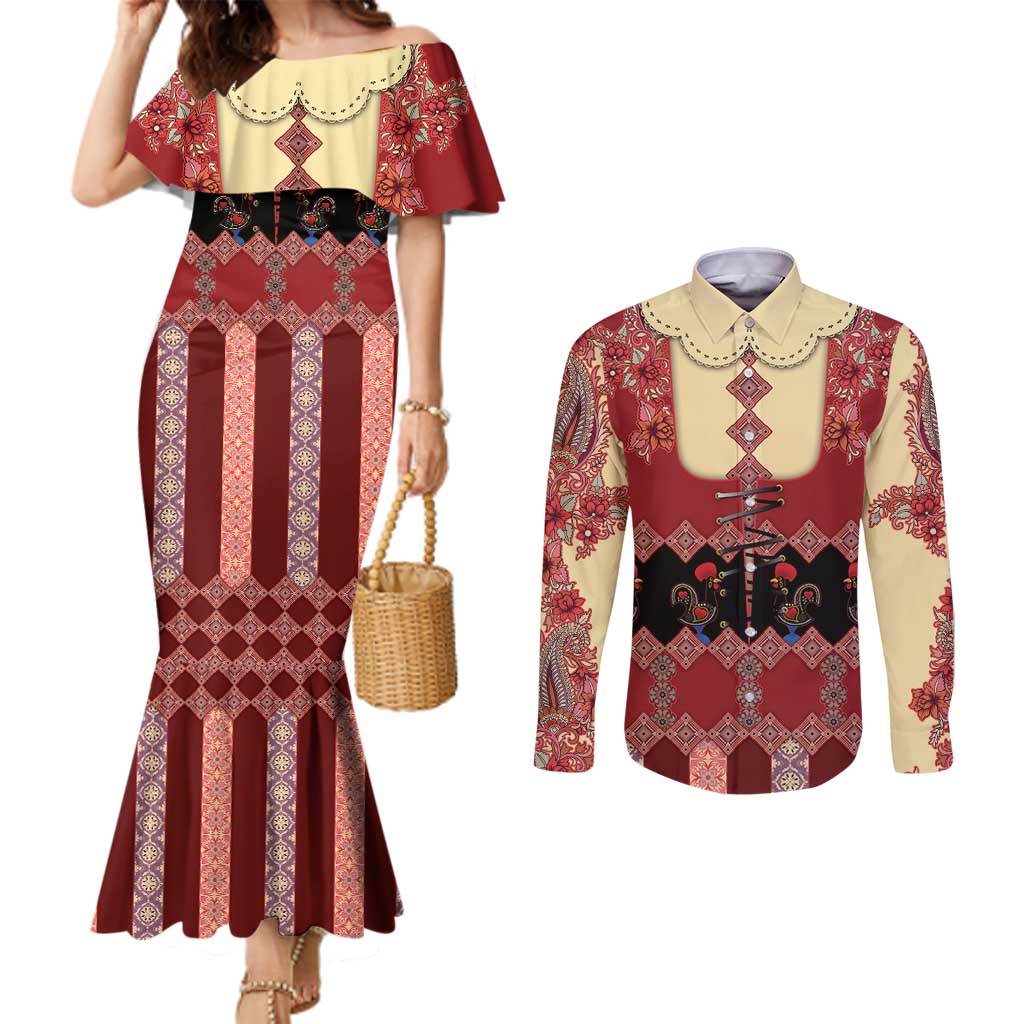 Portugal National Costume Couples Matching Mermaid Dress and Long Sleeve Button Shirt Barcelos Rooster Patterns - Wonder Print Shop