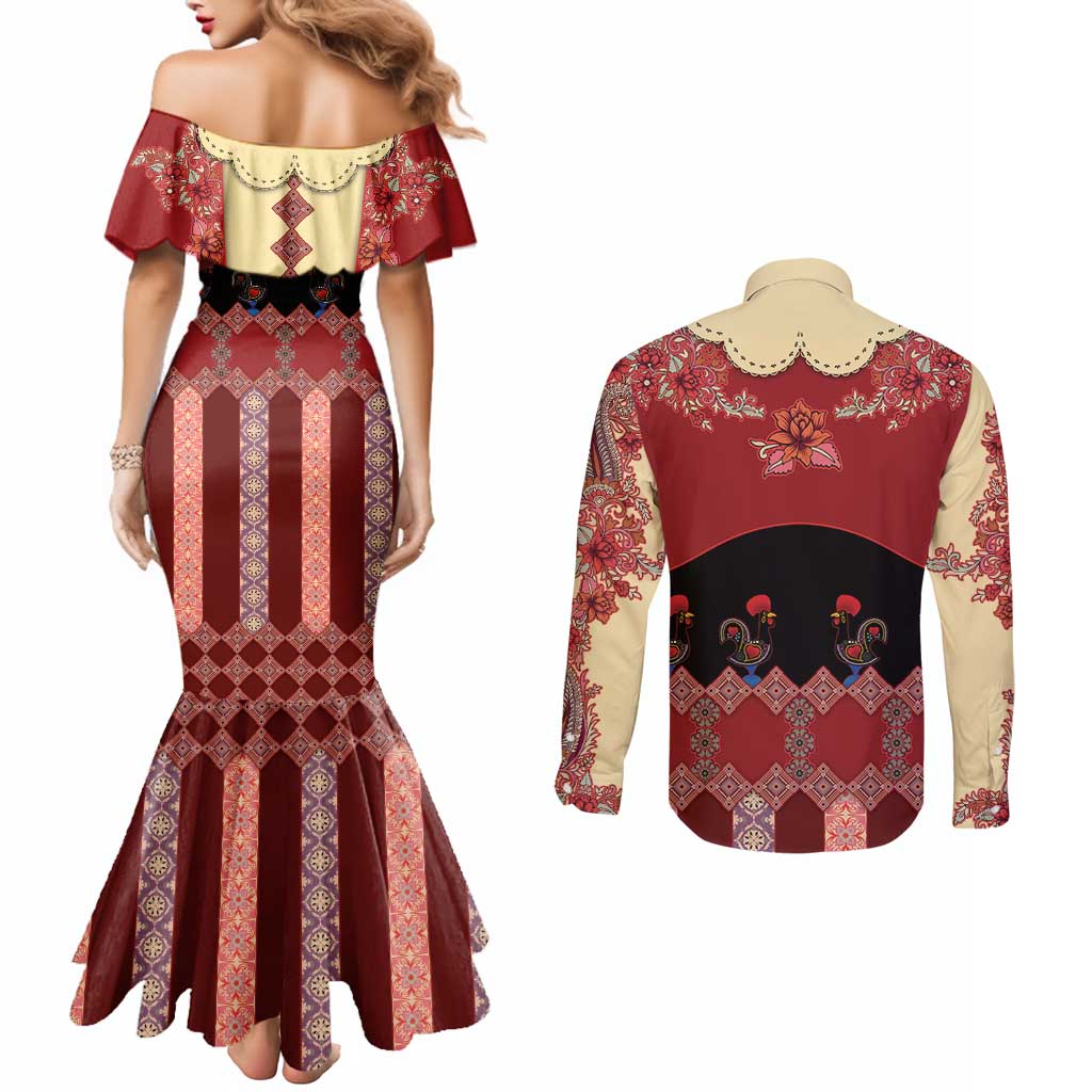 Portugal National Costume Couples Matching Mermaid Dress and Long Sleeve Button Shirt Barcelos Rooster Patterns - Wonder Print Shop