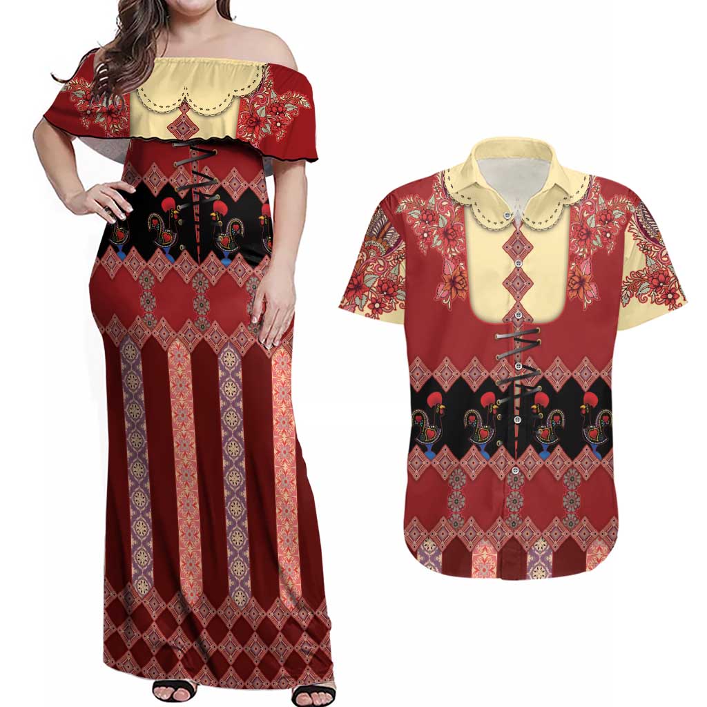 Portugal National Costume Couples Matching Off Shoulder Maxi Dress and Hawaiian Shirt Barcelos Rooster Patterns - Wonder Print Shop