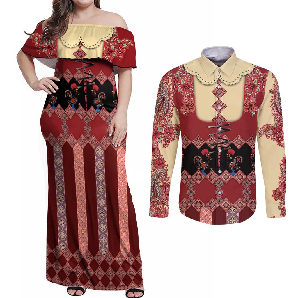 Portugal National Costume Couples Matching Off Shoulder Maxi Dress and Long Sleeve Button Shirt Barcelos Rooster Patterns - Wonder Print Shop