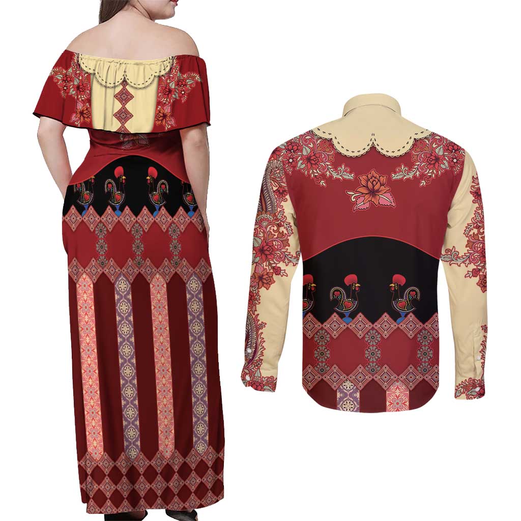 Portugal National Costume Couples Matching Off Shoulder Maxi Dress and Long Sleeve Button Shirt Barcelos Rooster Patterns - Wonder Print Shop