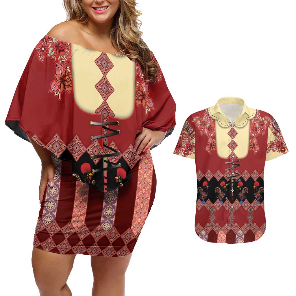 Portugal National Costume Couples Matching Off Shoulder Short Dress and Hawaiian Shirt Barcelos Rooster Patterns - Wonder Print Shop