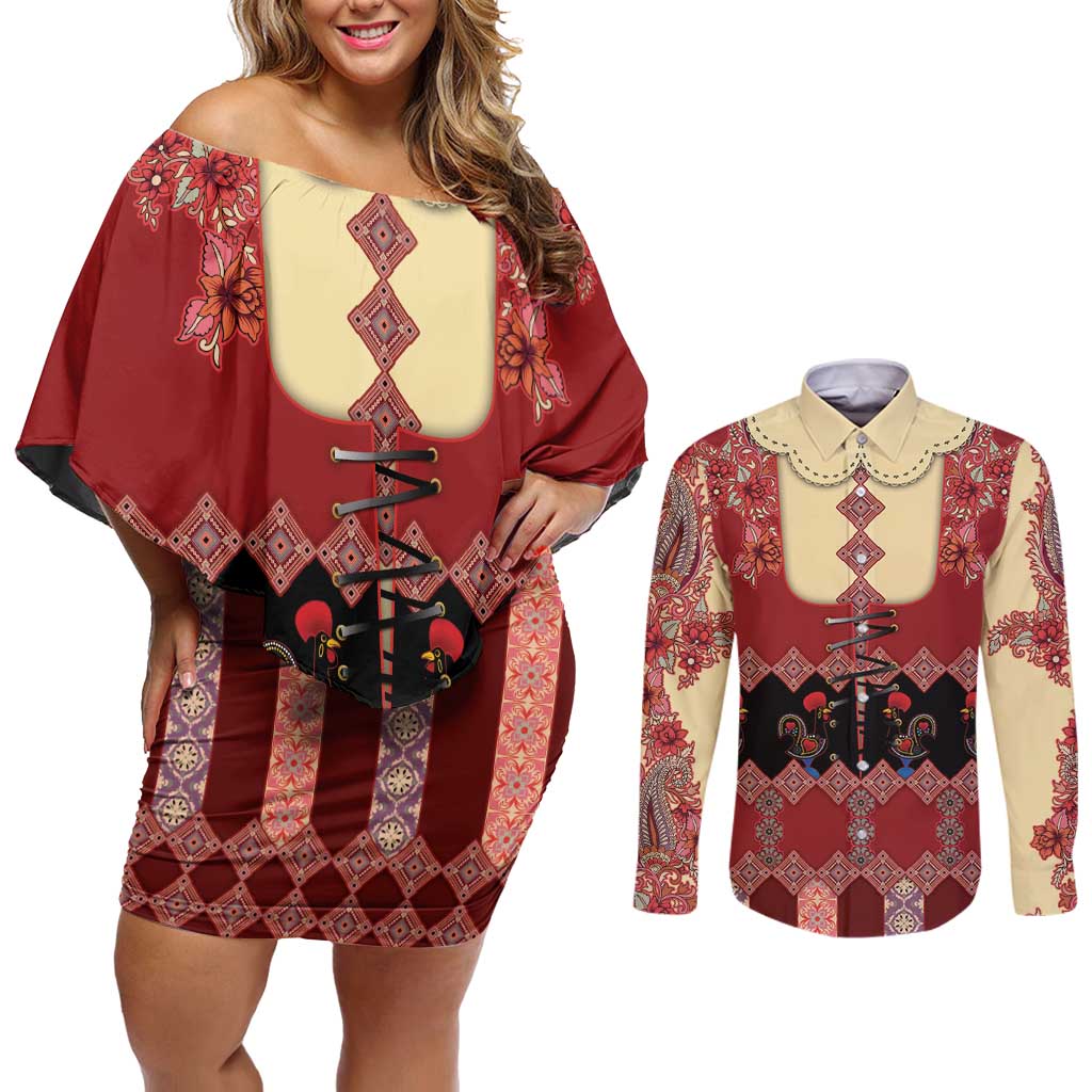 Portugal National Costume Couples Matching Off Shoulder Short Dress and Long Sleeve Button Shirt Barcelos Rooster Patterns - Wonder Print Shop