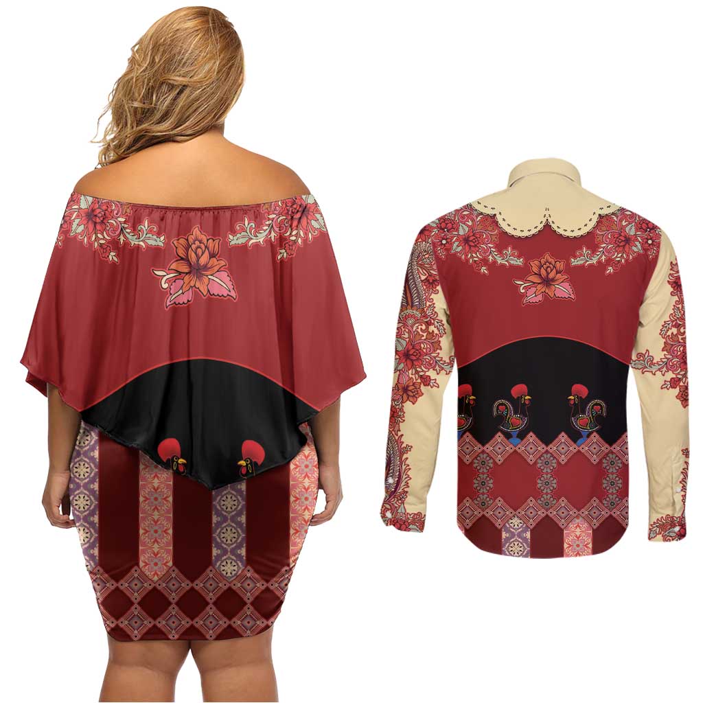Portugal National Costume Couples Matching Off Shoulder Short Dress and Long Sleeve Button Shirt Barcelos Rooster Patterns - Wonder Print Shop