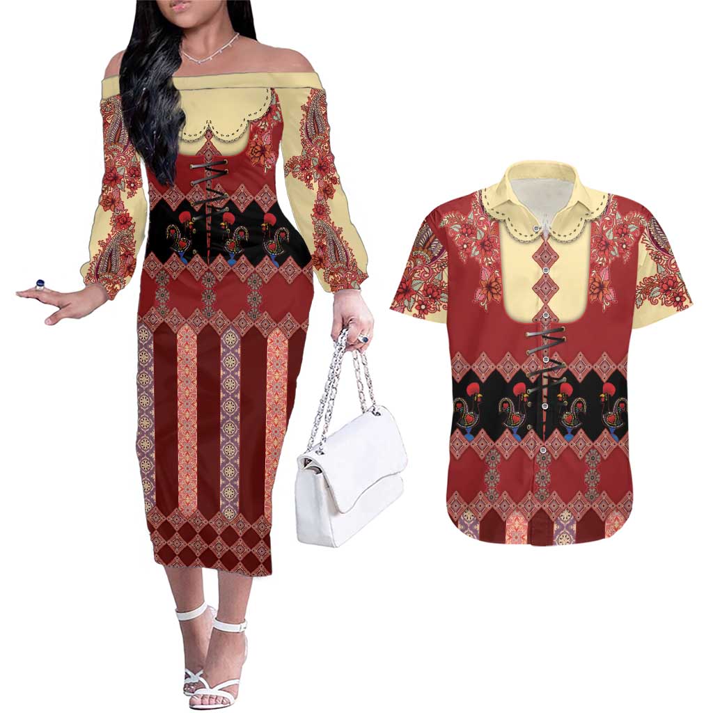 Portugal National Costume Couples Matching Off The Shoulder Long Sleeve Dress and Hawaiian Shirt Barcelos Rooster Patterns - Wonder Print Shop