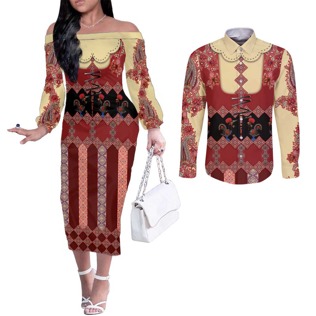 Portugal National Costume Couples Matching Off The Shoulder Long Sleeve Dress and Long Sleeve Button Shirt Barcelos Rooster Patterns - Wonder Print Shop