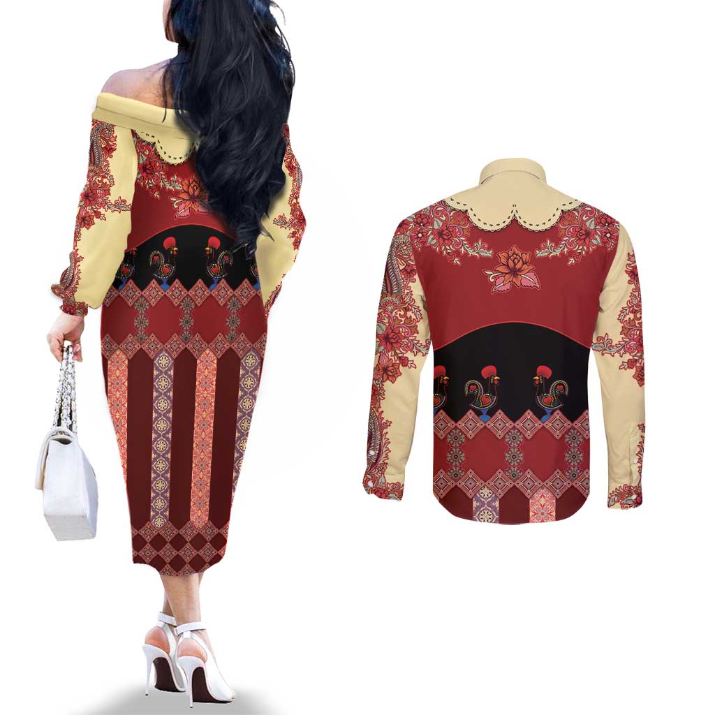 Portugal National Costume Couples Matching Off The Shoulder Long Sleeve Dress and Long Sleeve Button Shirt Barcelos Rooster Patterns - Wonder Print Shop