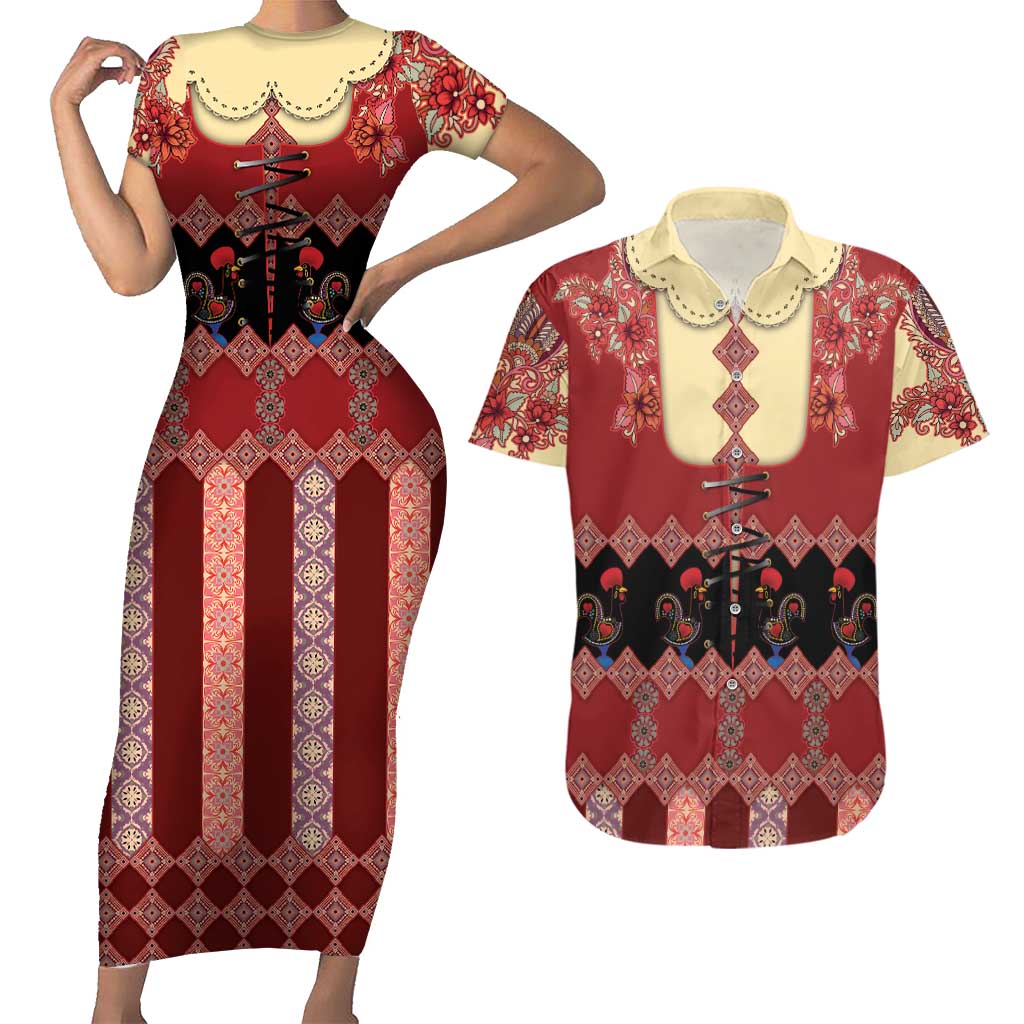 Portugal National Costume Couples Matching Short Sleeve Bodycon Dress and Hawaiian Shirt Barcelos Rooster Patterns - Wonder Print Shop