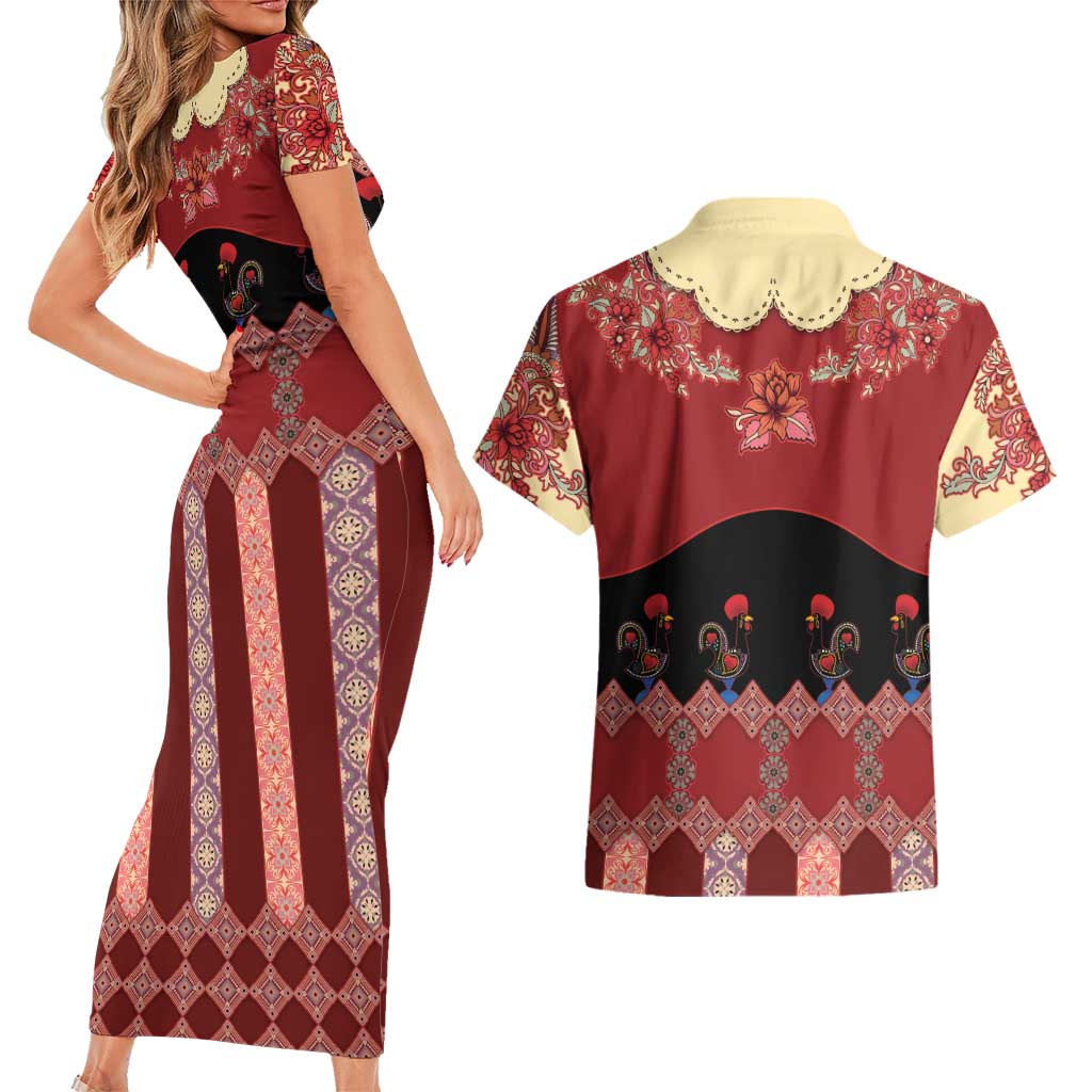 Portugal National Costume Couples Matching Short Sleeve Bodycon Dress and Hawaiian Shirt Barcelos Rooster Patterns - Wonder Print Shop