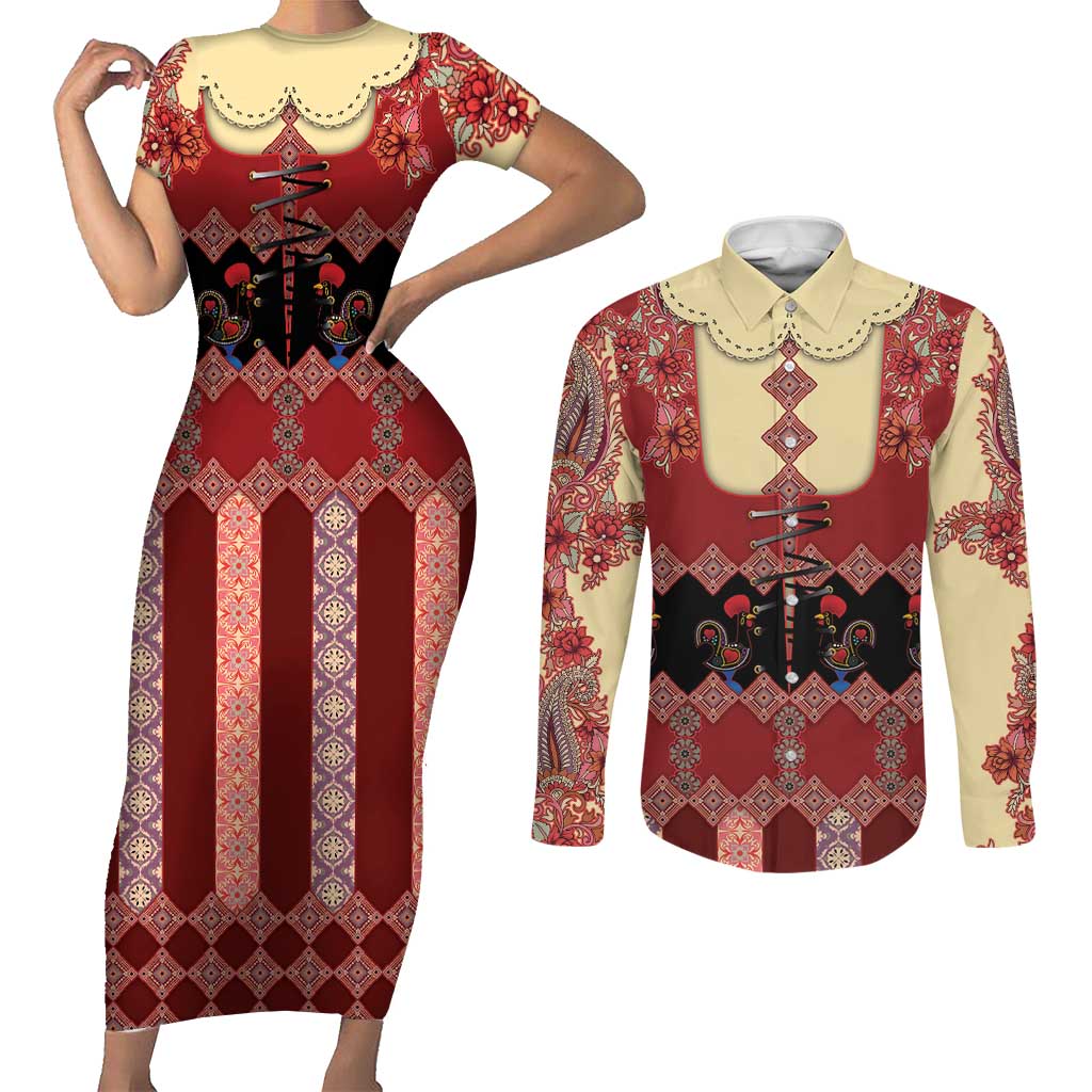 Portugal National Costume Couples Matching Short Sleeve Bodycon Dress and Long Sleeve Button Shirt Barcelos Rooster Patterns - Wonder Print Shop