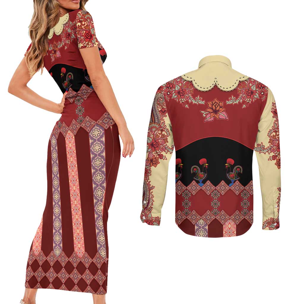 Portugal National Costume Couples Matching Short Sleeve Bodycon Dress and Long Sleeve Button Shirt Barcelos Rooster Patterns - Wonder Print Shop