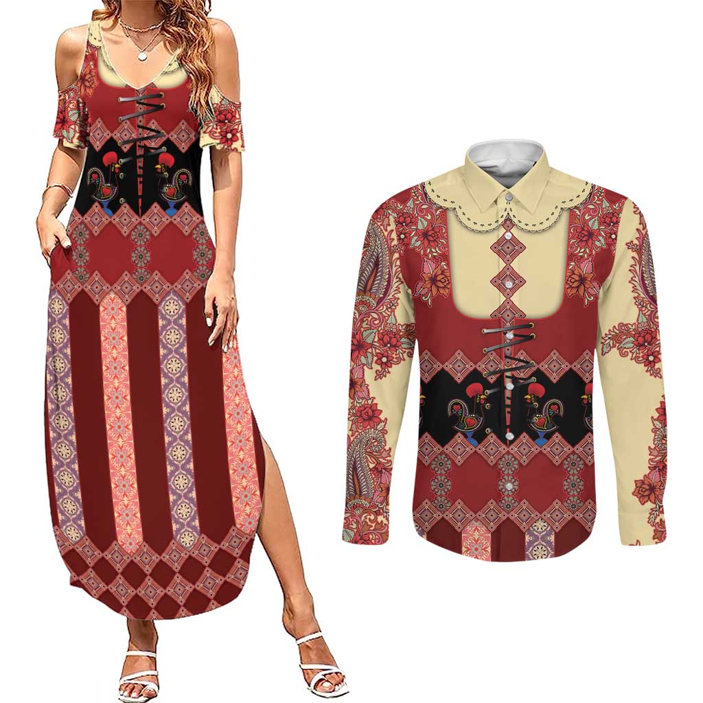 Portugal National Costume Couples Matching Summer Maxi Dress and Long Sleeve Button Shirt Barcelos Rooster Patterns - Wonder Print Shop