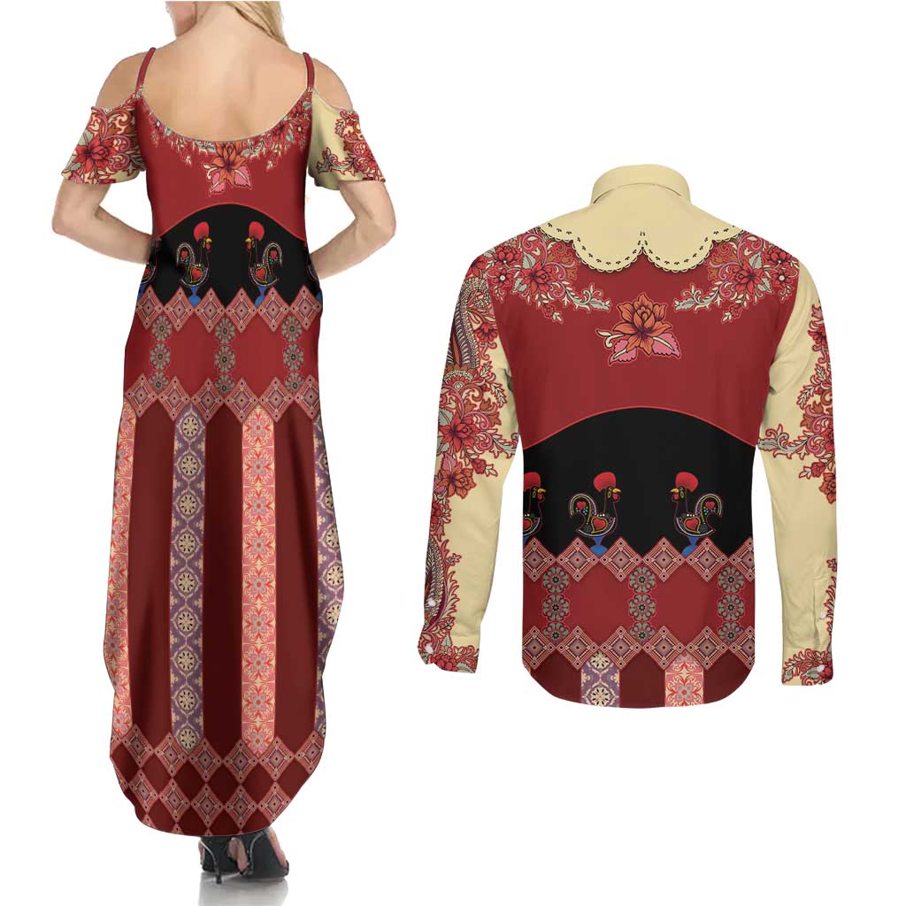 Portugal National Costume Couples Matching Summer Maxi Dress and Long Sleeve Button Shirt Barcelos Rooster Patterns - Wonder Print Shop