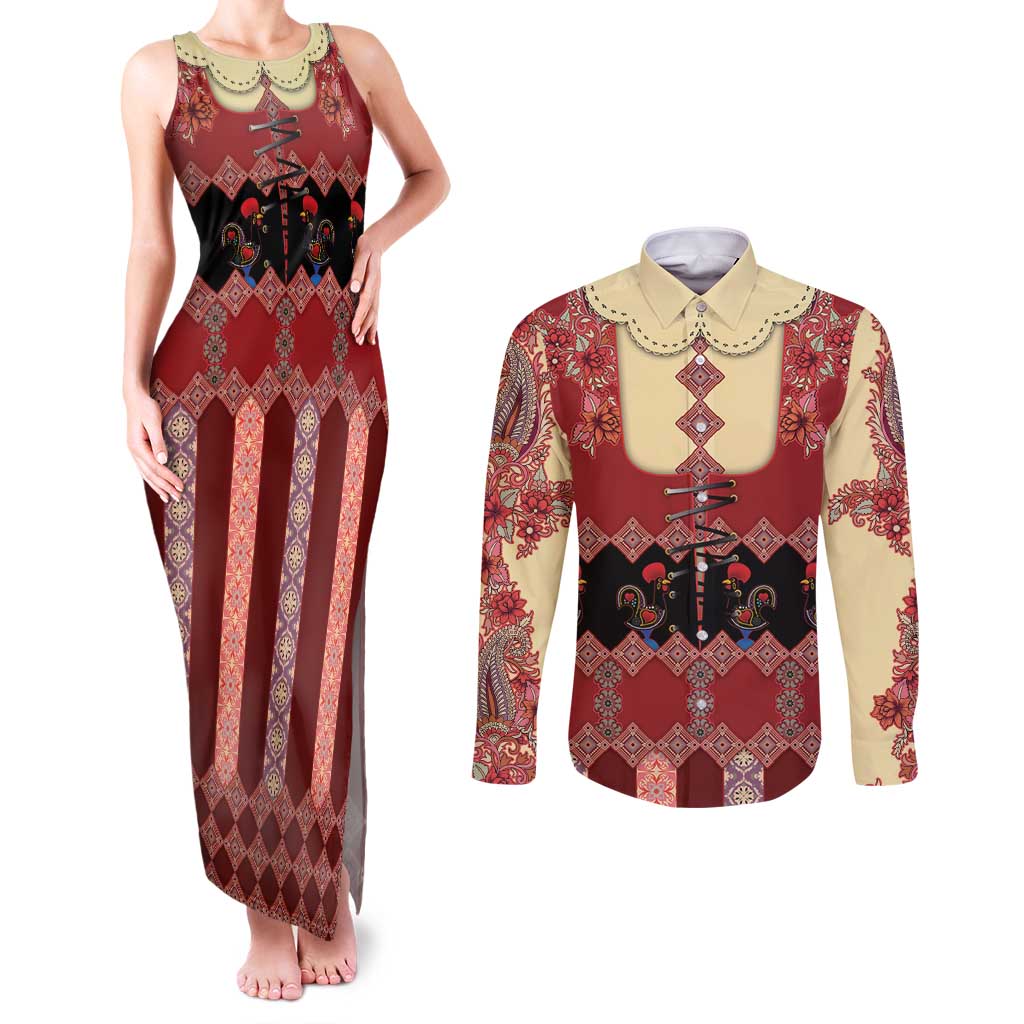 Portugal National Costume Couples Matching Tank Maxi Dress and Long Sleeve Button Shirt Barcelos Rooster Patterns - Wonder Print Shop