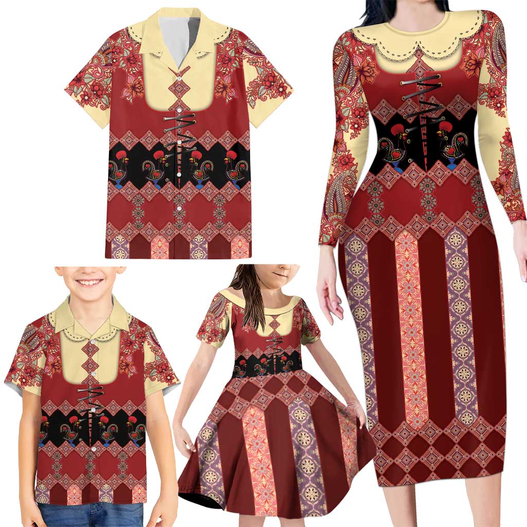 Portugal National Costume Family Matching Long Sleeve Bodycon Dress and Hawaiian Shirt Barcelos Rooster Patterns - Wonder Print Shop