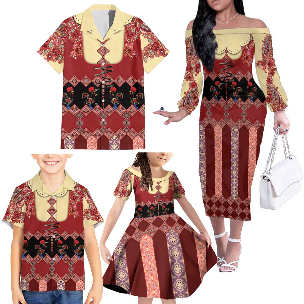 Portugal National Costume Family Matching Off The Shoulder Long Sleeve Dress and Hawaiian Shirt Barcelos Rooster Patterns - Wonder Print Shop
