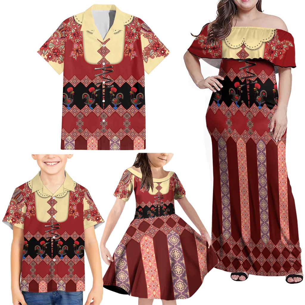 Portugal National Costume Family Matching Off Shoulder Maxi Dress and Hawaiian Shirt Barcelos Rooster Patterns - Wonder Print Shop