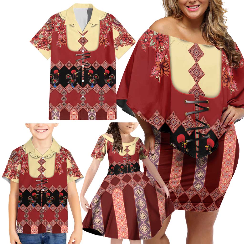 Portugal National Costume Family Matching Off Shoulder Short Dress and Hawaiian Shirt Barcelos Rooster Patterns - Wonder Print Shop