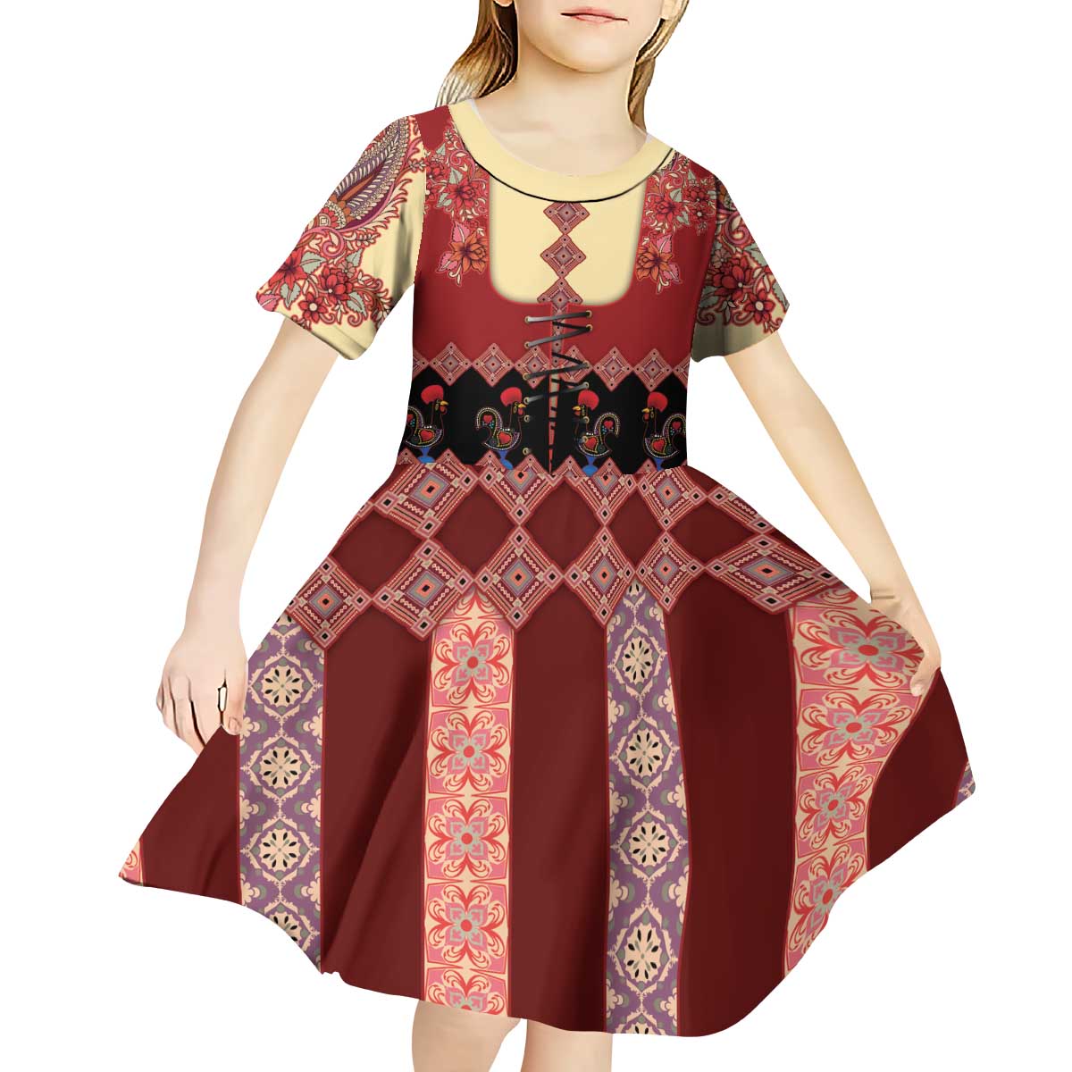 Portugal National Costume Kid Short Sleeve Dress Barcelos Rooster Patterns - Wonder Print Shop
