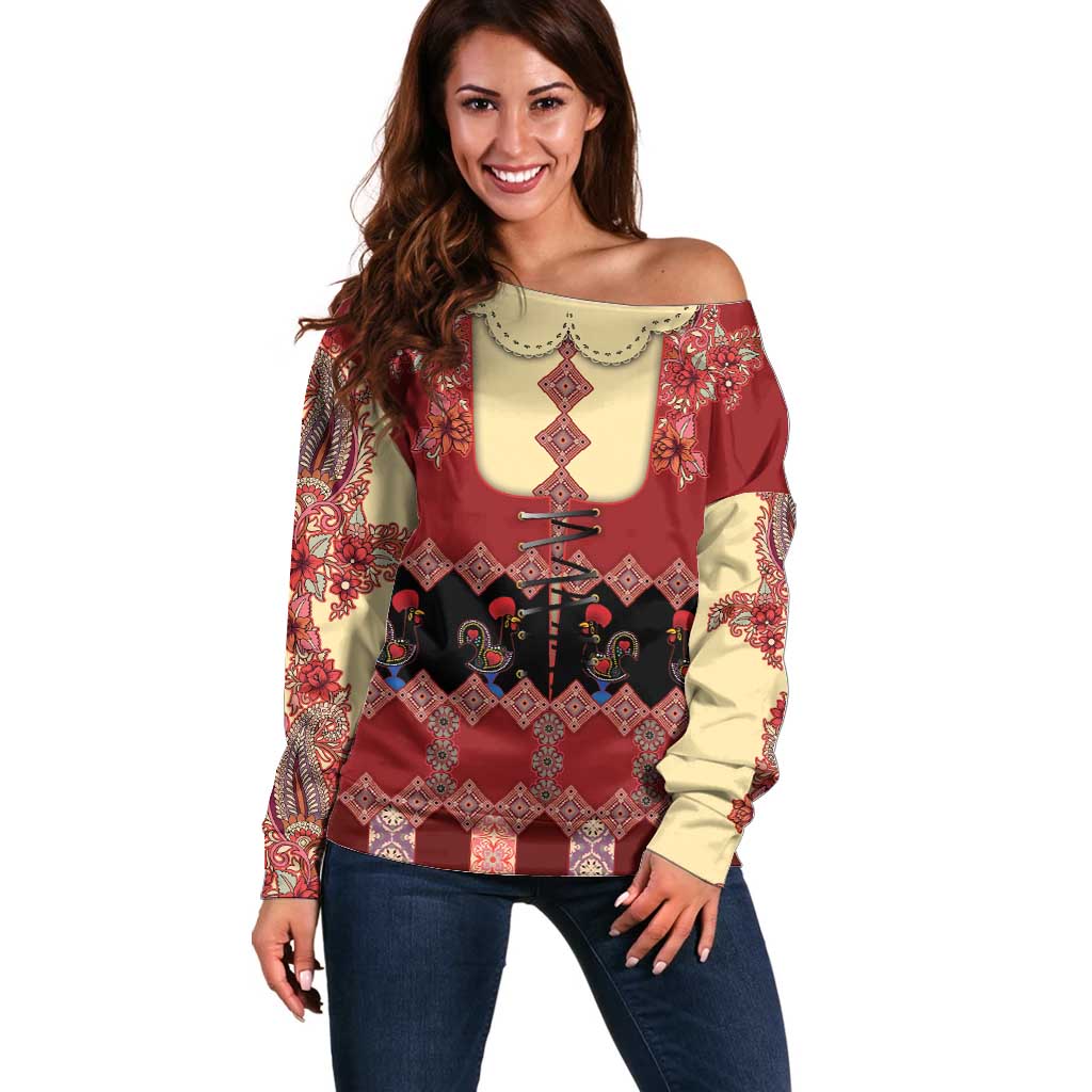 Portugal National Costume Off Shoulder Sweater Barcelos Rooster Patterns - Wonder Print Shop