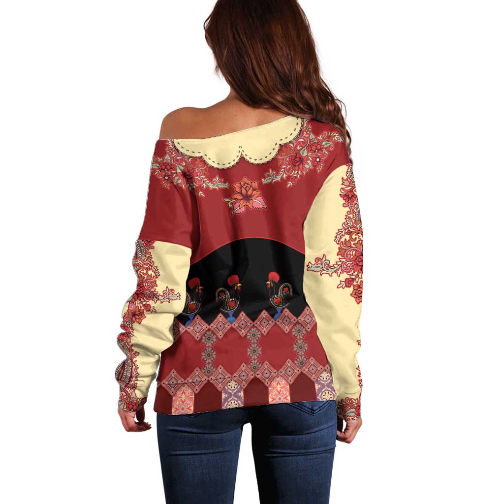 Portugal National Costume Off Shoulder Sweater Barcelos Rooster Patterns - Wonder Print Shop