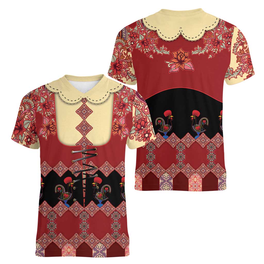 Portugal National Costume Women V-Neck T-Shirt Barcelos Rooster Patterns - Wonder Print Shop