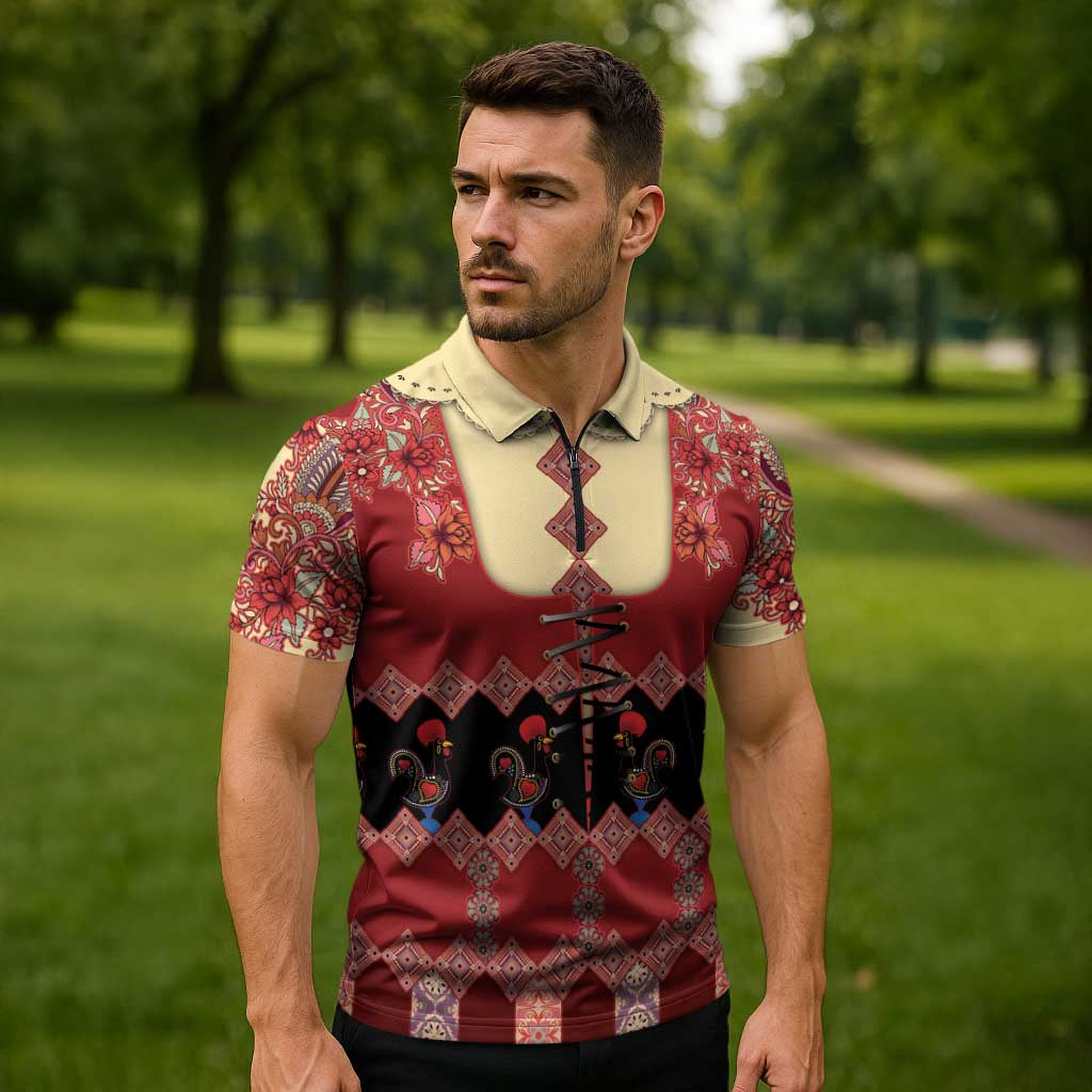 Portugal National Costume Zipper Polo Shirt Barcelos Rooster Patterns - Wonder Print Shop