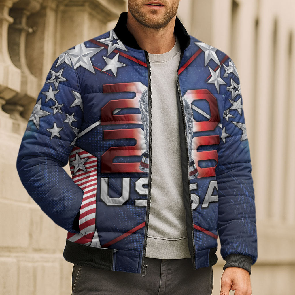 Custom United States Soccer Bomber Puffer Jacket American Flag Stars Trophy