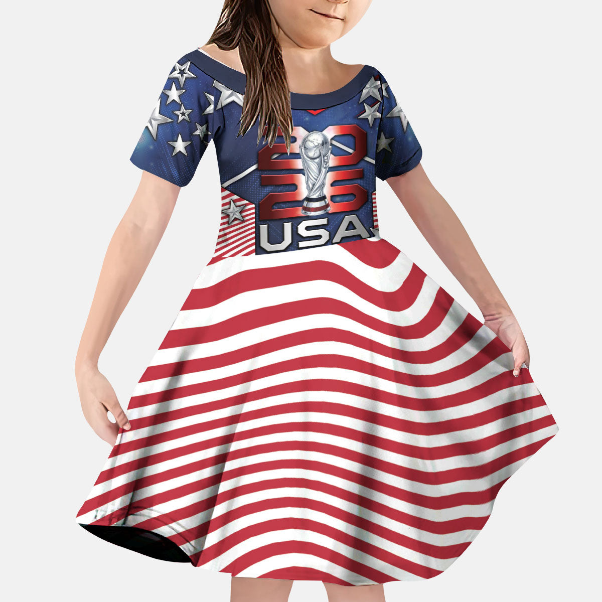 Custom United States Soccer Kid Short Sleeve Dress American Flag Stars Trophy