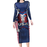 Custom United States Soccer Long Sleeve Bodycon Dress American Flag Stars Trophy