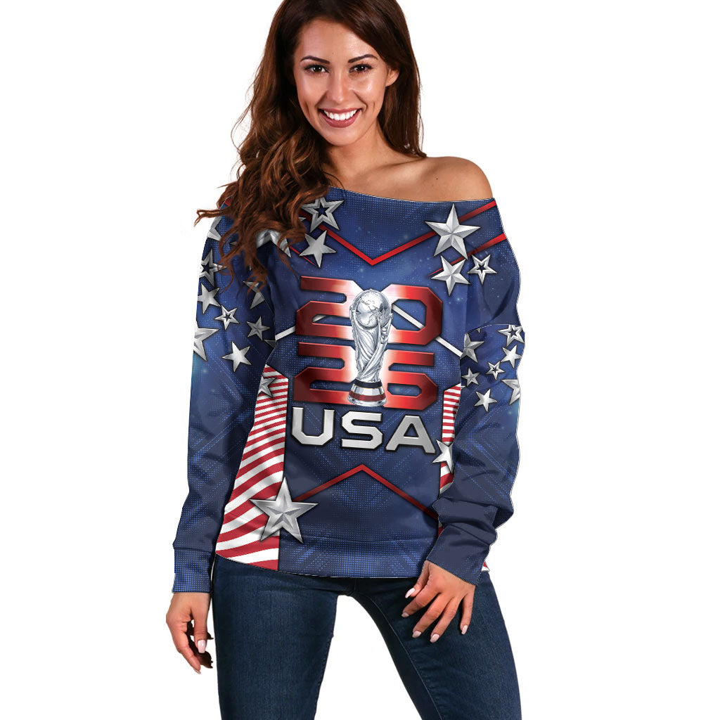 Custom United States Soccer Off Shoulder Sweater American Flag Stars Trophy