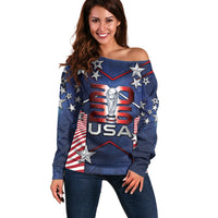 Custom United States Soccer Off Shoulder Sweater American Flag Stars Trophy
