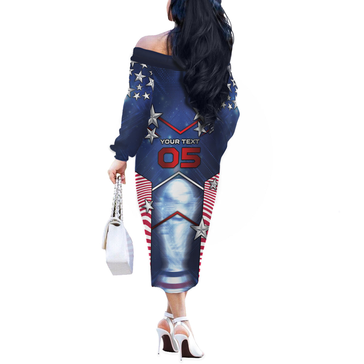 Custom United States Soccer Off The Shoulder Long Sleeve Dress American Flag Stars Trophy