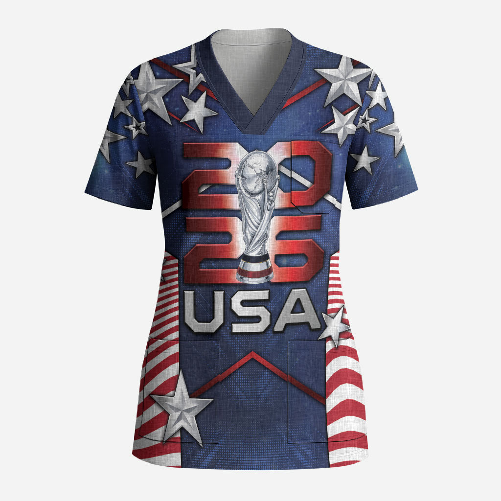 Custom United States Soccer Scrub Top American Flag Stars Trophy