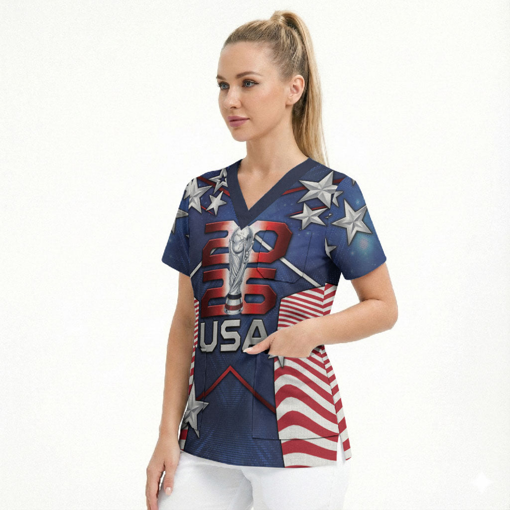 Custom United States Soccer Scrub Top American Flag Stars Trophy