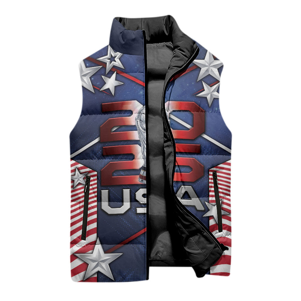 Custom United States Soccer Sleeveless Puffer Jacket American Flag Stars Trophy