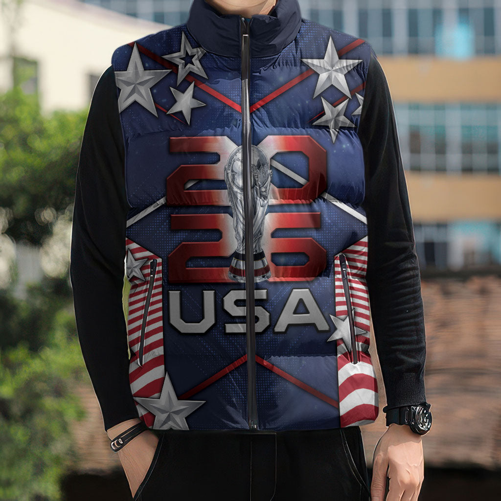 Custom United States Soccer Sleeveless Puffer Jacket American Flag Stars Trophy